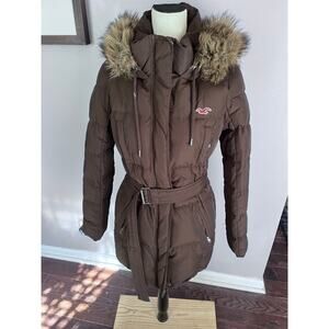 Vintage Y2K Hollister Down Jacket Faux Fur Hood Zip Up Puffer Brown 90s size L